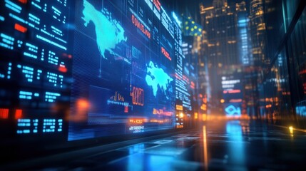 Futuristic stock exchange display showcases real-time trading data and global market trends in a high-tech urban setting