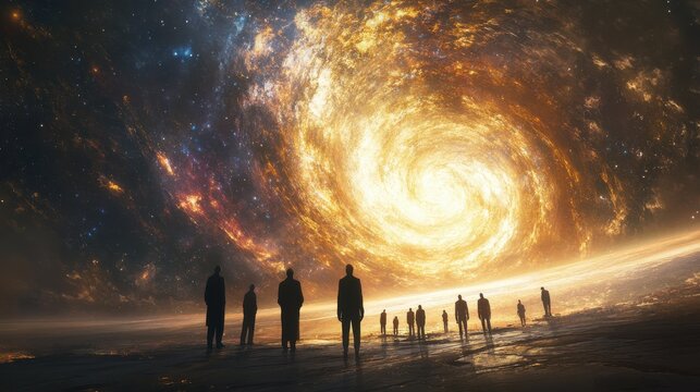 Ethereal figures gather in awe before a cosmic spiral at twilight, reflecting on the vastness of the universe and their place within it
