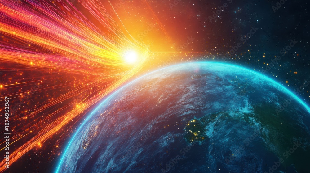 Poster a futuristic view of earth's magnetic field illuminating the planet as solar energy interacts with t