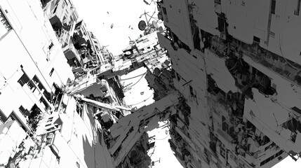 Fototapeta premium A Monochrome Depiction of a Crumbling, Interconnected Urban Structure