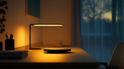 Minimalist Home Office Desk with Warm Lighting at Dusk