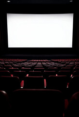 Fototapeta premium An empty cinema hall with rows of seats, a large white screen, and subtle lighting, ideal for advertising.
