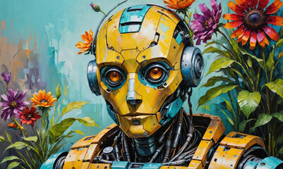 A yellow and blue robot with flowers in its hair stares off into the distance