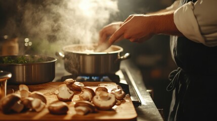 A chef skillfully prepares a delicious mushroom dish in a warm kitchen with steam rising in the evening
