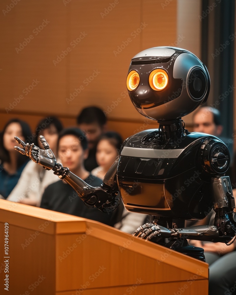 Poster A robotic lecturer engaging an audience during an educational presentation at a technology conference in a modern auditorium
