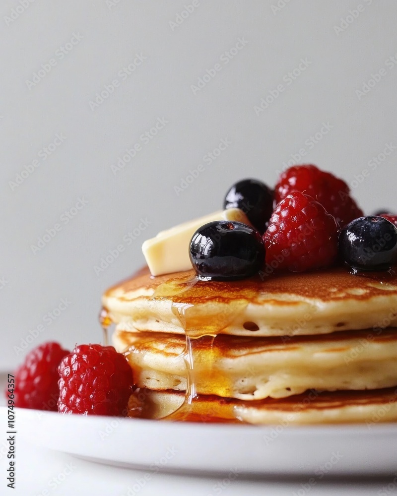 Poster Delicious stack of pancakes topped with berries and butter drizzled in syrup for a delightful breakfast treat