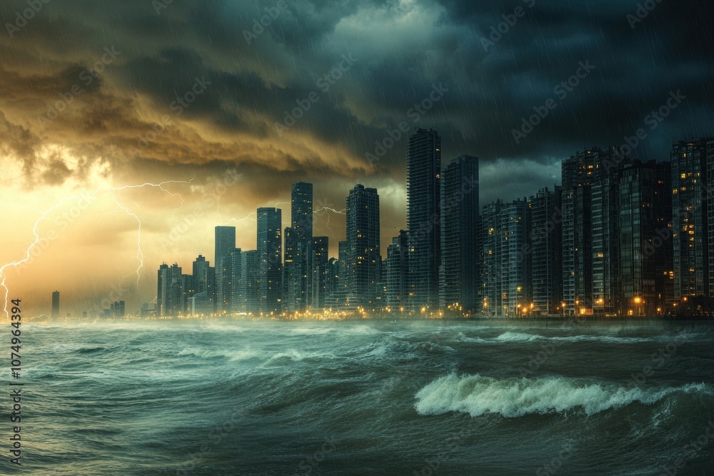 Aufkleber a brewing storm casts dark clouds over a coastal city as waves crash and lightning illuminates the s