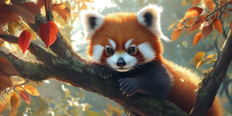 Fototapeta premium A cute red panda with a fluffy tail sits on a tree branch with autumn leaves.