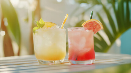 Refreshing summer cocktails on table with greens and fruits, tropical vacations vibes background, copy space