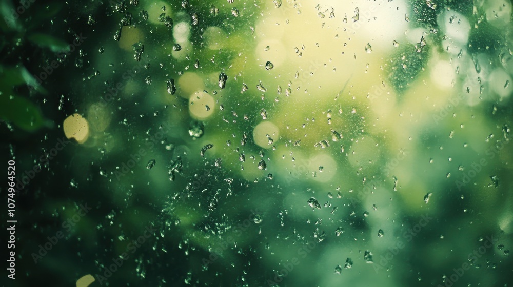 Poster Close-up view of raindrops glistening on a windowpane with blurred greenery in the background during a rainy day