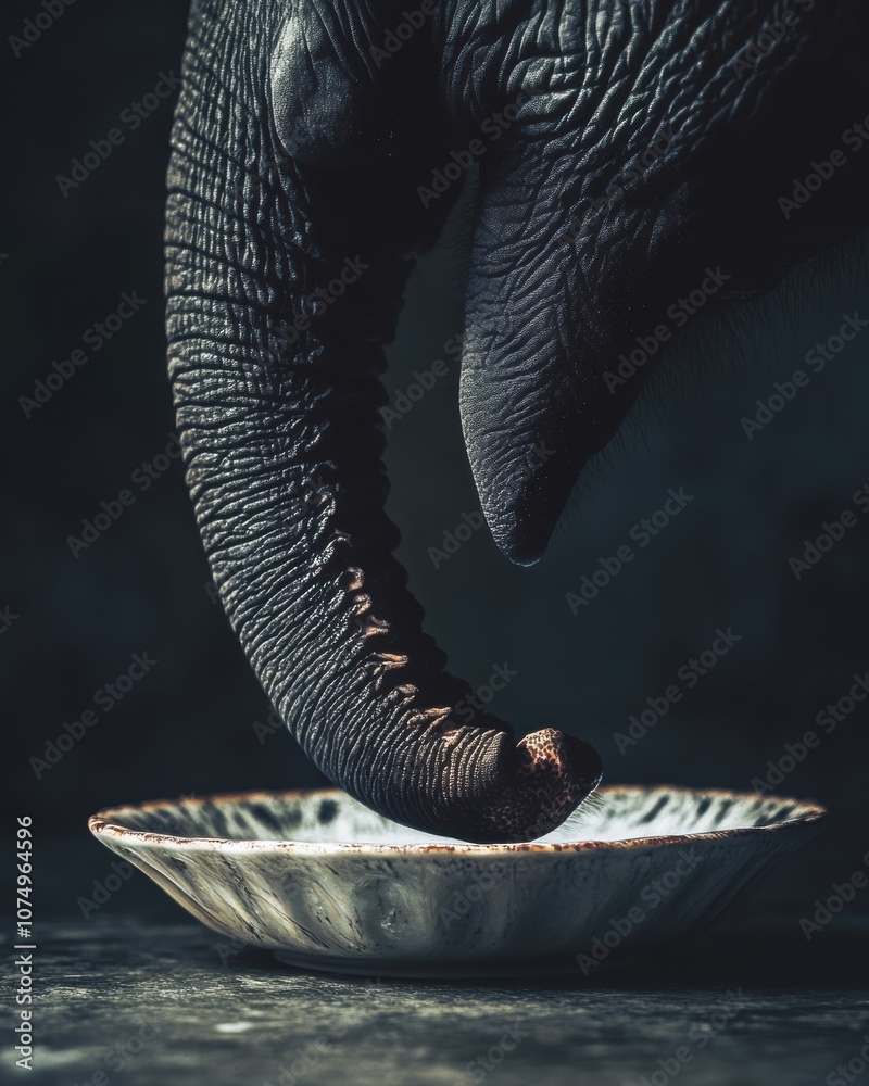 Poster a close-up view of an elephant's foot reaching towards a shallow bowl, showcasing the texture and de