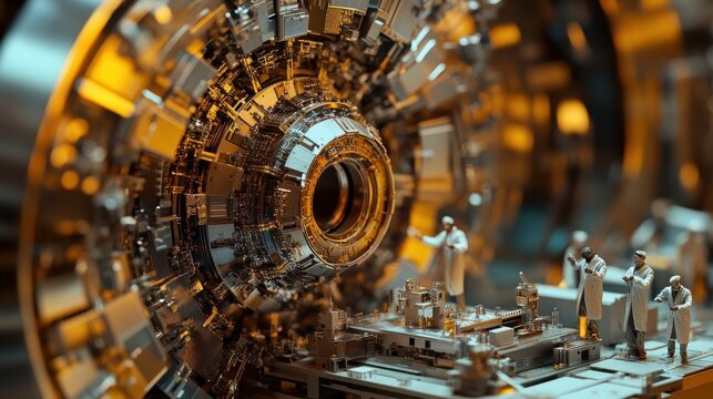 A detailed close-up of a particle collider model showcasing intricate designs and miniature scientists at work in a research setting