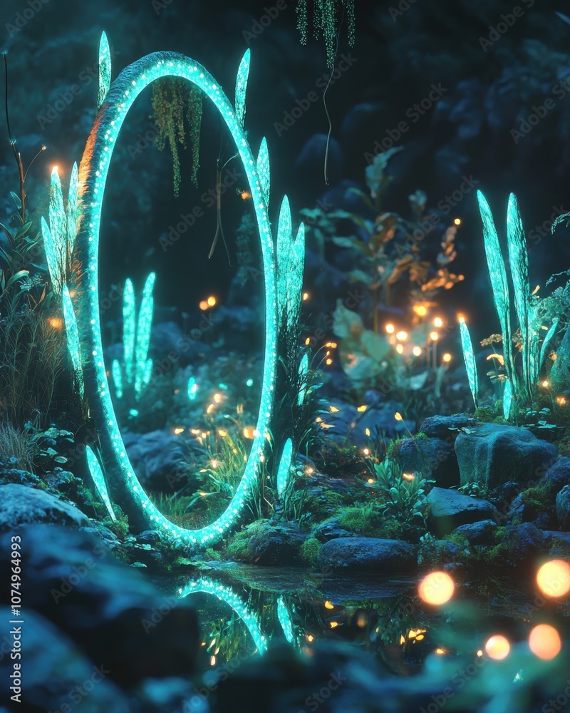 Poster a mystical mirror reflecting the enchanting forest surroundings during twilight with ethereal lights