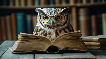 An owl wearing glasses is sitting on an open book in a library