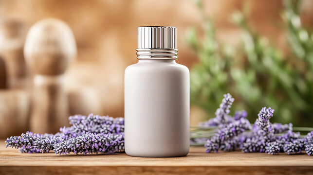 Elegant white bottle with lavender on wooden table, soft-focus plant background, wellness and aromatherapy aesthetic.