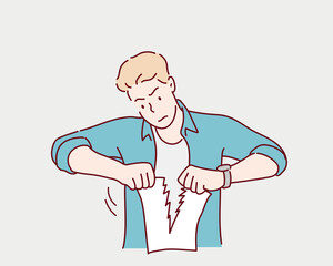 A man tearing paper. Hand drawn style vector design illustrations.