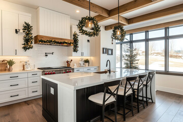 Fototapeta premium Stylish modern kitchen with holiday decor, featuring wood accents and a spacious island in a bright, welcoming environment. Generative AI