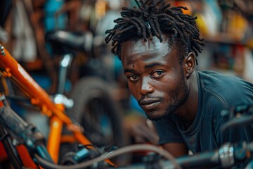 A young man focuses intently on repairing a bicycle in a lively workshop filled with various bike parts. The warm afternoon light highlights his concentration and surroundings, showcasing his skills