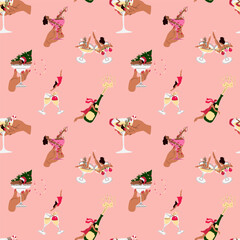 Fototapeta premium Seamless pattern with women is sitting in a martini glass. Happy new years