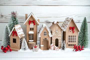 Charming snowy village made from cardboard with festive decorations during the holiday season....