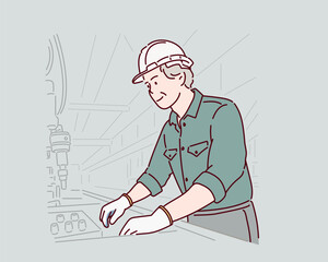 Factory technicians work on the front of the machine. Hand drawn style vector design illustrations. © autumnn