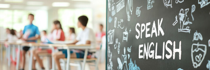 Classroom with blurred students and focus on Speak English sign, education concept