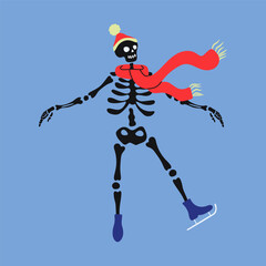 Funny skeleton skating. Cute skeleton bones character.