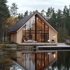 wooden house near the lake with large glass windows