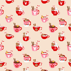 Seamless pattern with cute holiday mugs with a flat cartoon style, featuring a Christmas hot drink