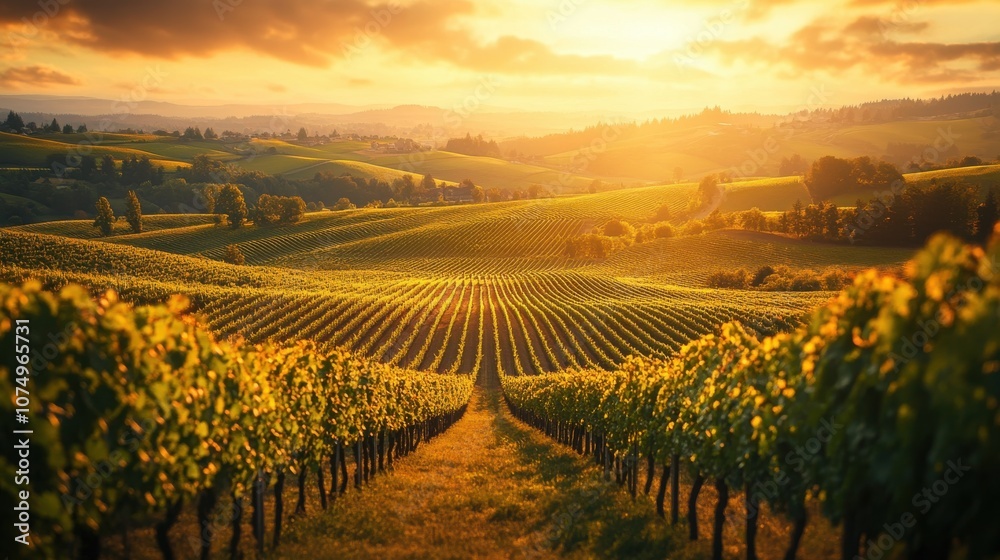 Poster vibrant sunset over sprawling vineyards in the countryside, capturing rows of lush grapevines and go