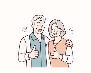 Young smiling happy old couple two friends family man woman. thumbs up. Hand drawn style vector design illustrations.