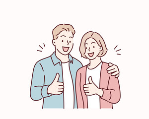 Young smiling happy couple two friends family man woman. thumbs up. Hand drawn style vector design illustrations.