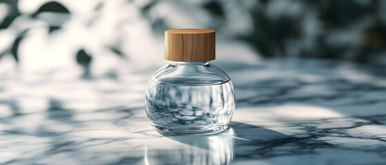 A stylish glass bottle filled with clear liquid, set on a marble surface with soft, natural light casting shadows.