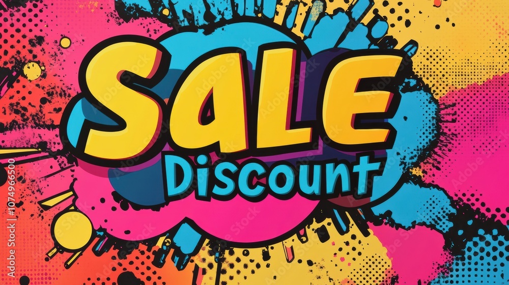 Poster bright bursts of color showcase dynamic text for a sale and discount, perfect for attracting shopper