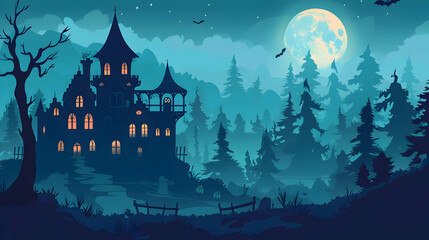 A spooky haunted castle with a misty forest background, lit by a full moon