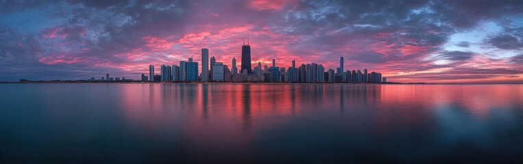Fototapeta premium Stunning Chicago skyline reflects in calm waters during a vibrant sunset