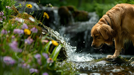 A dog sniffing wildflowers near a small waterfall in the woods 