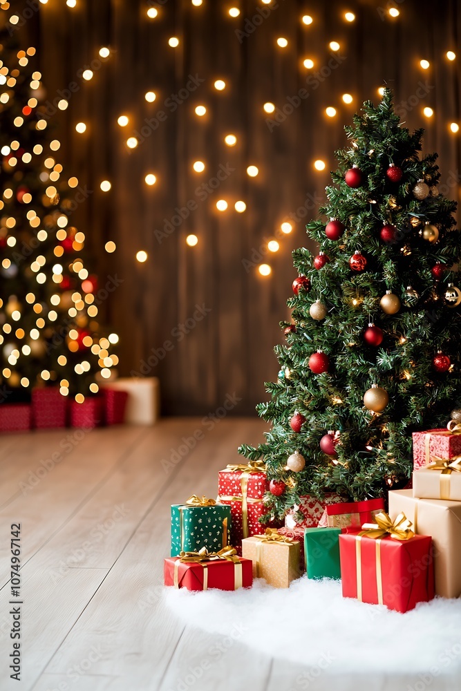 Poster bright and cheerful christmas decor with shimmering trees and wrapped presents : generative ai