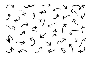 Short thick hand drawn arrows pointing in different directions. Doodle pointers with editable stroke. Black lines are dotted