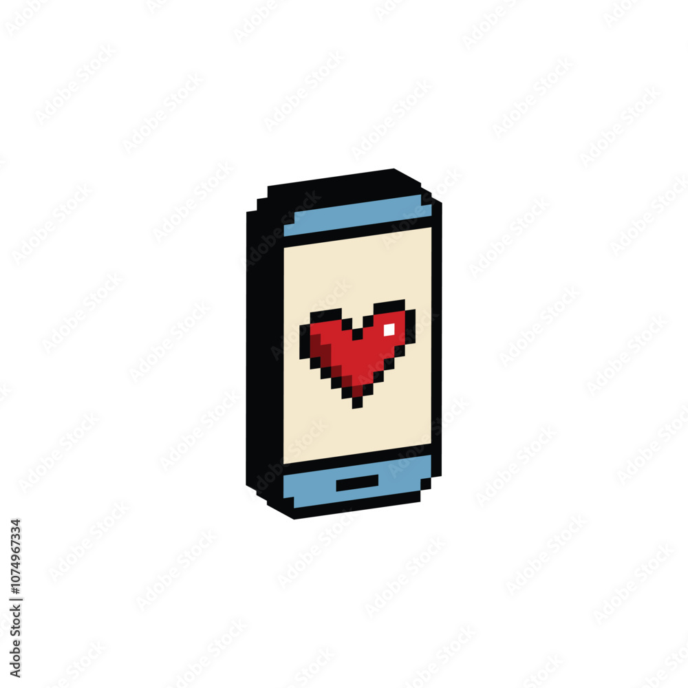 Poster isometric pixel art smartphone and love message vector icon pixel element for 8 bit game