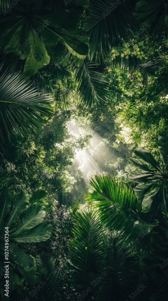 Aufkleber A serene view from beneath the lush jungle canopy with rays of sunlight filtering through vibrant green foliage