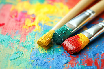 Obraz premium Colorful artist paint brushes resting on vibrant canvas with splashes of paint in a creative workspace. Generative AI