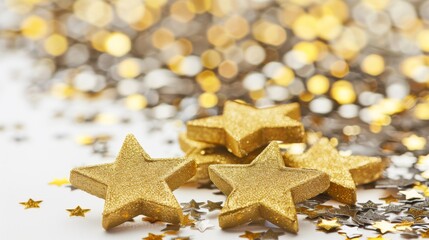 Christmas decorations illuminate with gold glittering accents, creating an abstract glow light texture. The shimmering ornaments and festive lights capture the essence of the holiday season, blending 