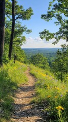 Fototapeta premium A beautiful hiking trail with wildflowers along the scenic Mark Twain National Forest on a sunny day