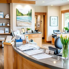 Reception Desk with Flowers in a Modern Office.