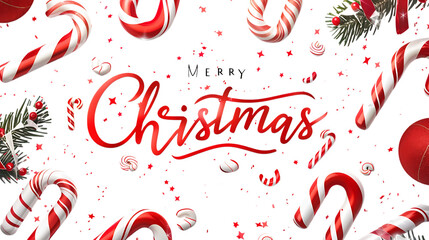 Merry Christmas text in a red and white candy cane theme, with candy elements swirling around, isolated on a transparent PNG background..