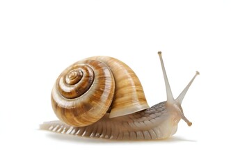 A close-up of a snail with a spiral shell, sitting on a surface