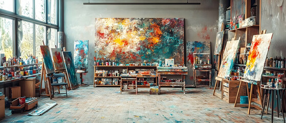 Obraz premium A vibrant artist's studio filled with colorful paintings, easels, and creative supplies. Perfect for artistic inspiration.