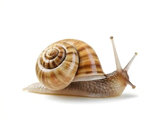 A close-up of a snail with a spiral shell, sitting on a surface