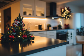 Cozy kitchen decorated for the holidays with a small Christmas tree and twinkling lights illuminating the warm atmosphere. Generative AI